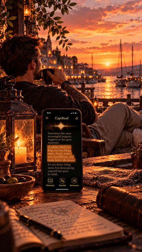 Someone relaxing with a drink on a terrace at sunset with CaptRead propped nearby, reading a passage aloud